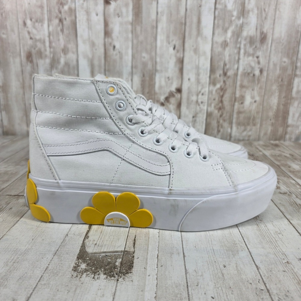 Vans Sk8-Hi Stacked White Canvas Daisy Platform Sneakers Womens 10 Mens 8.5‎